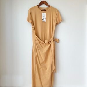 ZARA | (NWT) PASTEL ORANGE MIDI DRESS WITH FRONT KNOT WRAP PANEL COTTON T-SHIRT